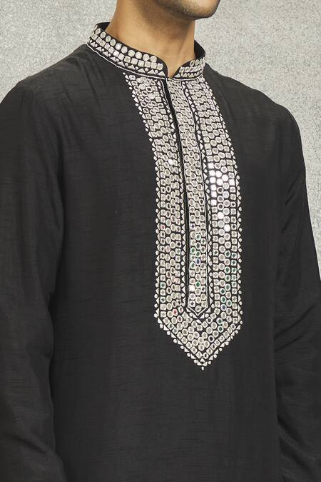 Shop_Nero By Shaifali And Satya_Black Silk Mirrors Work Kurta Set_Online_at_Aza_Fashions