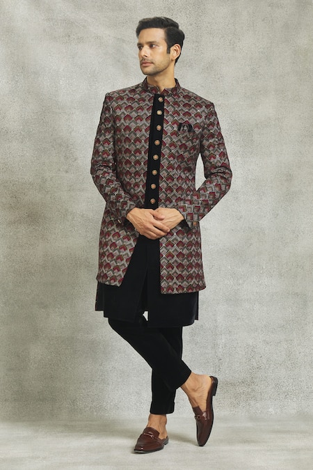 Nero by Shaifali and Satya Thread Embroidered Velvet Sherwani Set 