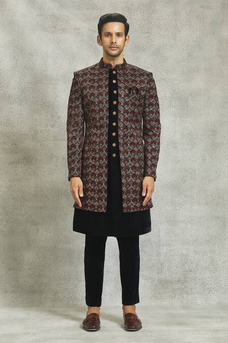 Nero By Shaifali And Satya_Black Velvet Embroidery Thread Sherwani Set_Online_at_Aza_Fashions
