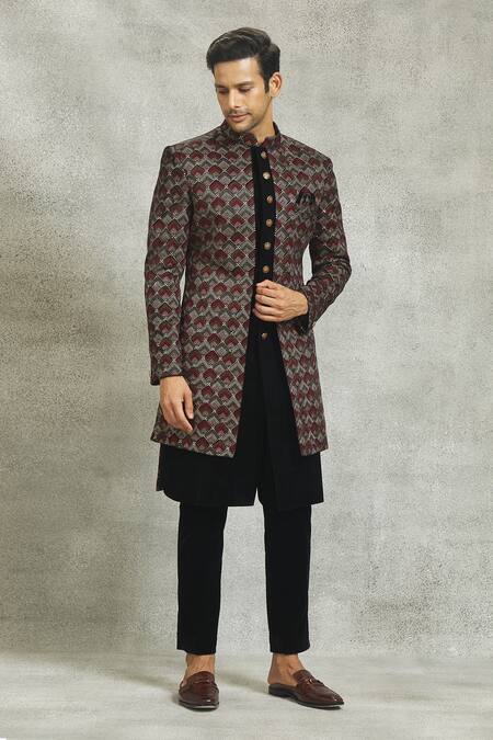 Buy_Nero By Shaifali And Satya_Black Velvet Embroidery Thread Sherwani Set_Online_at_Aza_Fashions