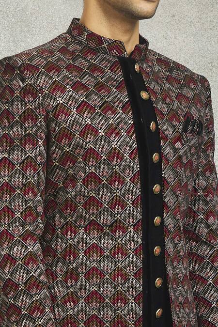 Shop_Nero By Shaifali And Satya_Black Velvet Embroidery Thread Sherwani Set_Online_at_Aza_Fashions