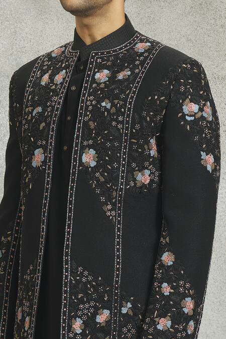 Nero By Shaifali And Satya Black Suiting Fabric Hand Embroidered Floral Jacket Kurta Set Online at Aza Fashions Nero By Shaifali And Satya_Black Suiting Fabric Hand Embroidered Floral Jacket Kurta Set_Online_at_Aza_Fashions