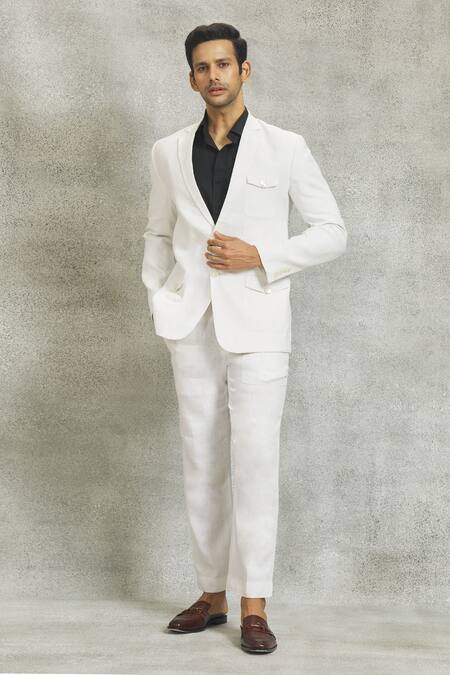 Nero By Shaifali And Satya_White Linen Plain Blazer And Trouser Set_Online_at_Aza_Fashions