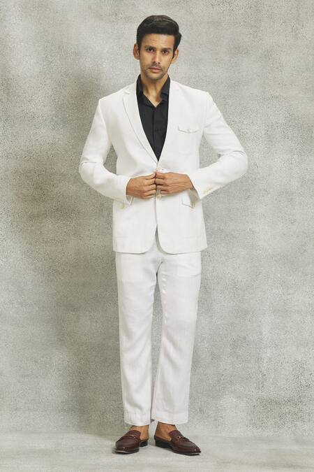 Buy_Nero By Shaifali And Satya_White Linen Plain Blazer And Trouser Set_Online_at_Aza_Fashions
