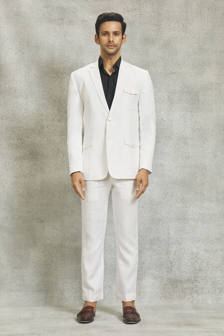 Nero By Shaifali And Satya_White Linen Plain Blazer And Trouser Set_at_Aza_Fashions