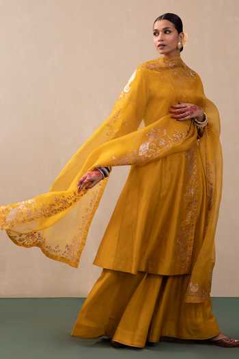Pink City by Sarika_Yellow Silk, Chanderi, Organza Zari, Peacock Hand Angrakha Kurta Sharara Set _Online_at_Aza_Fashions