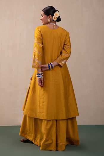 Buy_Pink City by Sarika_Yellow Silk, Chanderi, Organza Zari, Peacock Hand Angrakha Kurta Sharara Set _Online_at_Aza_Fashions