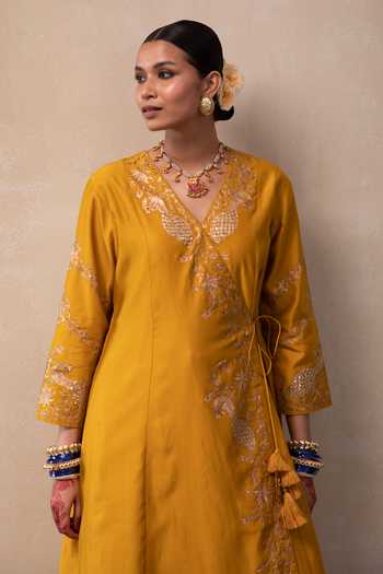 Shop_Pink City by Sarika_Yellow Silk, Chanderi, Organza Zari, Peacock Hand Angrakha Kurta Sharara Set _Online_at_Aza_Fashions