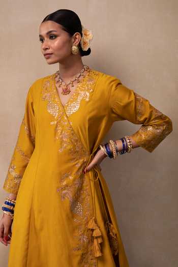 Pink City by Sarika_Yellow Silk, Chanderi, Organza Zari, Peacock Hand Angrakha Kurta Sharara Set _at_Aza_Fashions