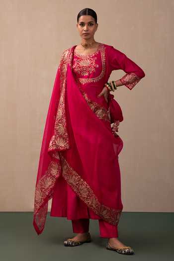 Pink City by Sarika Pink Silk, Chanderi, Organza Gota Lotus Embroidered Bodice Anarkali Pant Set Online at Aza Fashions Pink City by Sarika_Pink Silk, Chanderi, Organza Gota Lotus Embroidered Bodice Anarkali Pant Set _Online_at_Aza_Fashions