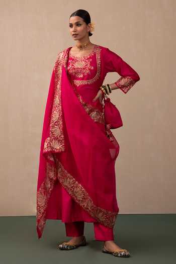 Buy Pink City by Sarika Pink Silk, Chanderi, Organza Gota Lotus Embroidered Bodice Anarkali Pant Set Online at Aza Fashions Buy_Pink City by Sarika_Pink Silk, Chanderi, Organza Gota Lotus Embroidered Bodice Anarkali Pant Set _Online_at_Aza_Fashions