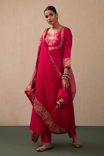 Shop Pink City by Sarika Pink Silk, Chanderi, Organza Gota Lotus Embroidered Bodice Anarkali Pant Set Online at Aza Fashions Shop_Pink City by Sarika_Pink Silk, Chanderi, Organza Gota Lotus Embroidered Bodice Anarkali Pant Set _Online_at_Aza_Fashions