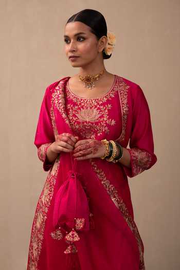 Pink City by Sarika Pink Silk, Chanderi, Organza Gota Lotus Embroidered Bodice Anarkali Pant Set at Aza Fashions Pink City by Sarika_Pink Silk, Chanderi, Organza Gota Lotus Embroidered Bodice Anarkali Pant Set _at_Aza_Fashions