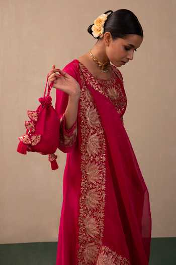Buy Pink City by Sarika Pink Silk, Chanderi, Organza Gota Lotus Embroidered Bodice Anarkali Pant Set Buy_Pink City by Sarika_Pink Silk, Chanderi, Organza Gota Lotus Embroidered Bodice Anarkali Pant Set