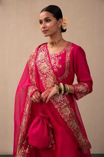 Shop Pink City by Sarika Pink Silk, Chanderi, Organza Gota Lotus Embroidered Bodice Anarkali Pant Set Shop_Pink City by Sarika_Pink Silk, Chanderi, Organza Gota Lotus Embroidered Bodice Anarkali Pant Set