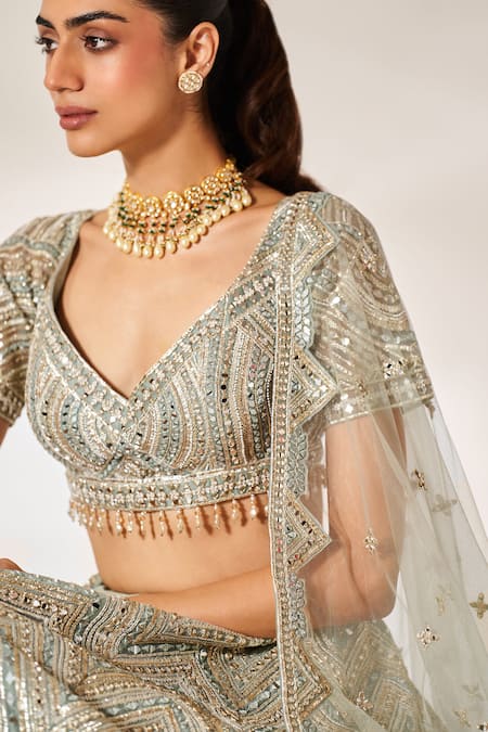 Studio Iris India_Grey Organza Mirrors, Embroidery Sweetheart Neck Aaina Bridal Lehenga Set_Online_at_Aza_Fashions