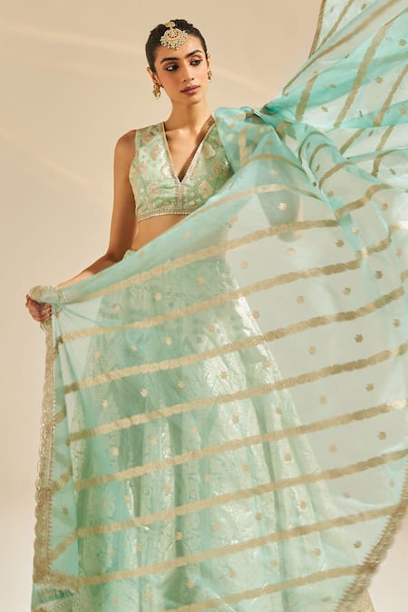 Buy_Studio Iris India_Green Organza Motifs V Neck Aurora Pattern Lehenga Set_Online_at_Aza_Fashions