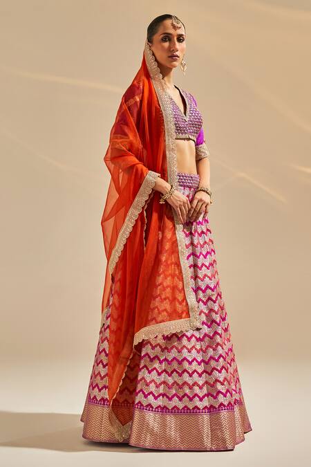 Studio Iris India Purple Brocade, Silk Farhana Banarasi Chevron Pattern Bridal Lehenga Set Online at Aza Fashions Studio Iris India_Purple Brocade, Silk Farhana Banarasi Chevron Pattern Bridal Lehenga Set _Online_at_Aza_Fashions
