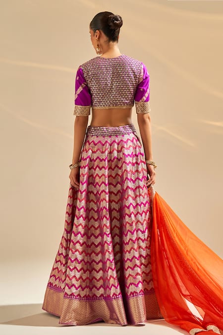 Shop Studio Iris India Purple Brocade, Silk Farhana Banarasi Chevron Pattern Bridal Lehenga Set at Aza Fashions Shop_Studio Iris India_Purple Brocade, Silk Farhana Banarasi Chevron Pattern Bridal Lehenga Set _at_Aza_Fashions