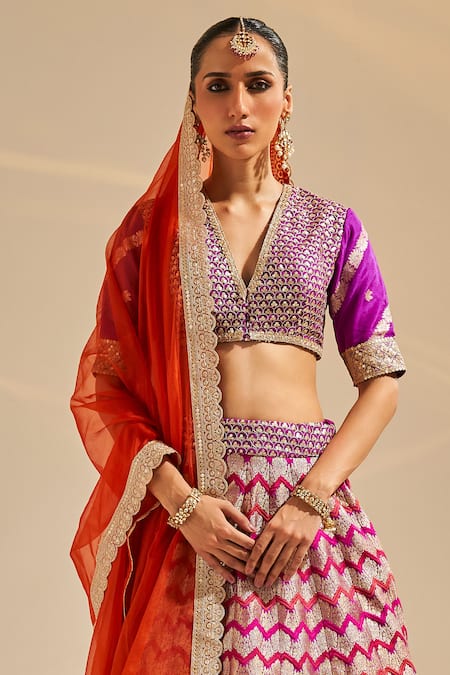 Shop Studio Iris India Purple Brocade, Silk Farhana Banarasi Chevron Pattern Bridal Lehenga Set Online at Aza Fashions Shop_Studio Iris India_Purple Brocade, Silk Farhana Banarasi Chevron Pattern Bridal Lehenga Set _Online_at_Aza_Fashions