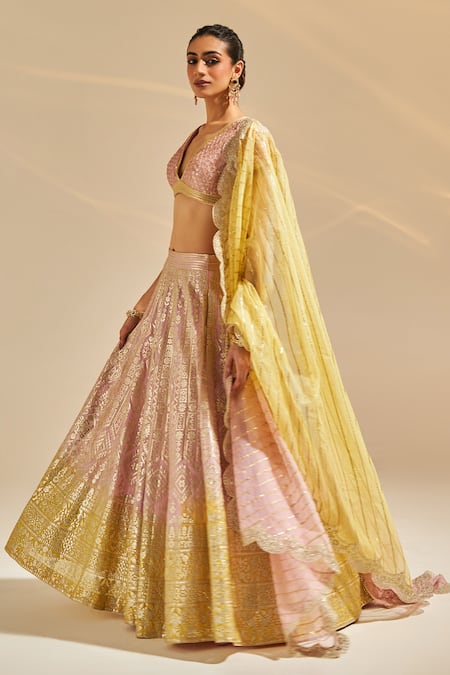 Studio Iris India Pink Organza Sequins, Zari V-neck Lillian Floral Geometric Pattern Lehenga Set Online at Aza Fashions Studio Iris India_Pink Organza Sequins, Zari V-neck Lillian Floral Geometric Pattern Lehenga Set _Online_at_Aza_Fashions
