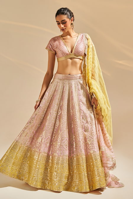 Shop Studio Iris India Pink Organza Sequins, Zari V-neck Lillian Floral Geometric Pattern Lehenga Set Online at Aza Fashions Shop_Studio Iris India_Pink Organza Sequins, Zari V-neck Lillian Floral Geometric Pattern Lehenga Set _Online_at_Aza_Fashions