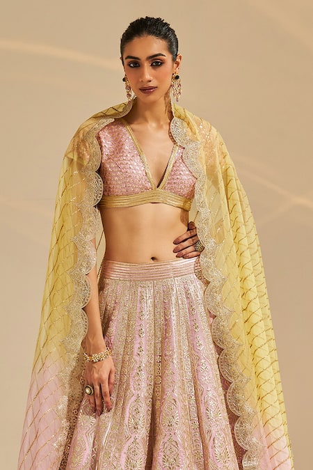 Studio Iris India Pink Organza Sequins, Zari V-neck Lillian Floral Geometric Pattern Lehenga Set at Aza Fashions Studio Iris India_Pink Organza Sequins, Zari V-neck Lillian Floral Geometric Pattern Lehenga Set _at_Aza_Fashions
