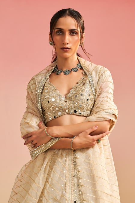 Studio Iris India_Ivory Organza Embroidery, Mirrors, Zari V-neck Tara Bridal Lehenga Set _Online_at_Aza_Fashions