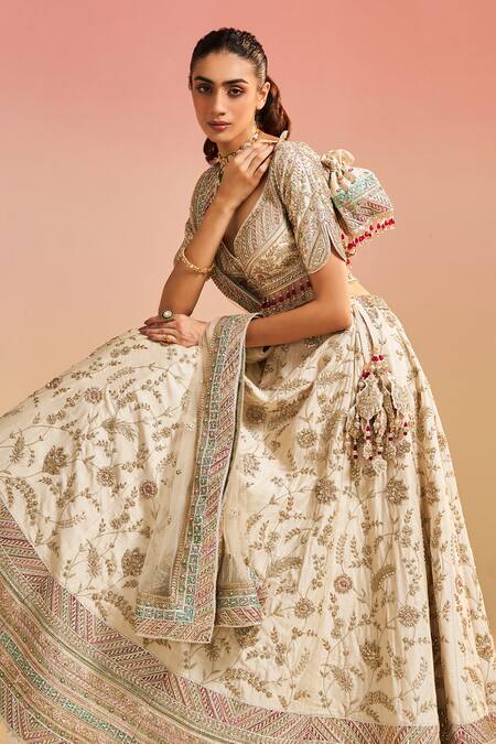 Studio Iris India_Ivory Silk Diamonds, Embroidery Sweetheart Neck Nafisa Raw Bridal Lehenga Set_Online_at_Aza_Fashions