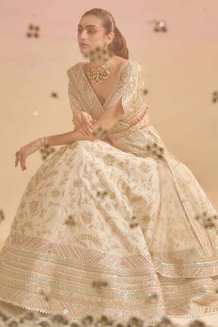 Buy_Studio Iris India_Ivory Silk Diamonds, Embroidery Sweetheart Neck Nafisa Raw Bridal Lehenga Set_Online_at_Aza_Fashions