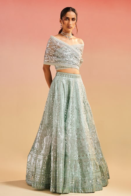 Studio Iris India_Green Organza, Net Sequins, Embroidery Moina Floral Foil Lehenga With Blouse _Online_at_Aza_Fashions