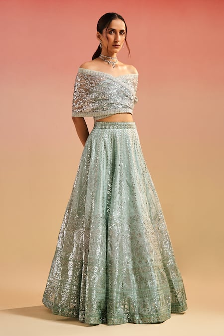 Buy_Studio Iris India_Green Organza, Net Sequins, Embroidery Moina Floral Foil Lehenga With Blouse _Online_at_Aza_Fashions