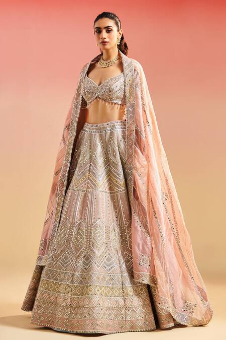 Studio Iris India Pink Organza Mirrors, Embroidery Sweetheart Bellini Work Bridal Lehenga Set Online at Aza Fashions Studio Iris India_Pink Organza Mirrors, Embroidery Sweetheart Bellini Work Bridal Lehenga Set_Online_at_Aza_Fashions