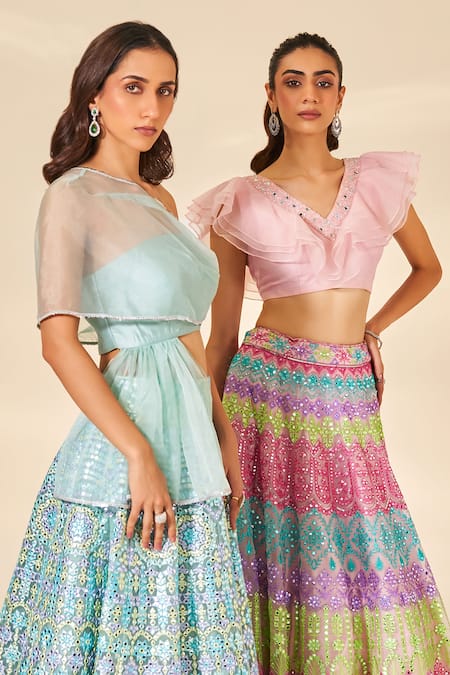 Buy_Studio Iris India_Multi Color Organza Embroidery V-neck Dia Mirror Lehenga And Crop Top Set _Online_at_Aza_Fashions