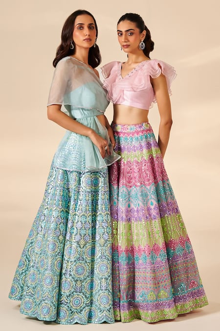 Shop_Studio Iris India_Multi Color Organza Embroidery V-neck Dia Mirror Lehenga And Crop Top Set _Online_at_Aza_Fashions