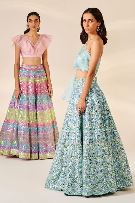 Studio Iris India_Blue Organza Sequins, Foil Printing, Indra Embroidered Crop Top And Skirt Set _Online_at_Aza_Fashions