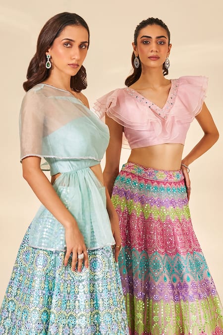 Buy_Studio Iris India_Blue Organza Sequins, Foil Printing, Indra Embroidered Crop Top And Skirt Set _Online_at_Aza_Fashions