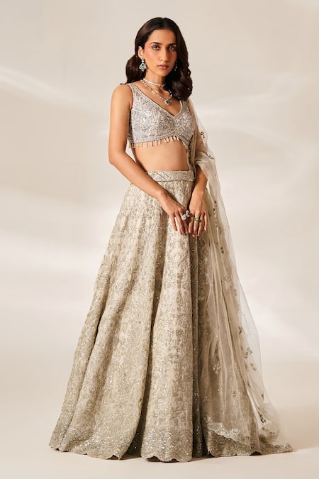 Studio Iris India_Beige Organza Sequins, Gota Patti, Crystals, Amelia Bridal Lehenga Set_Online_at_Aza_Fashions