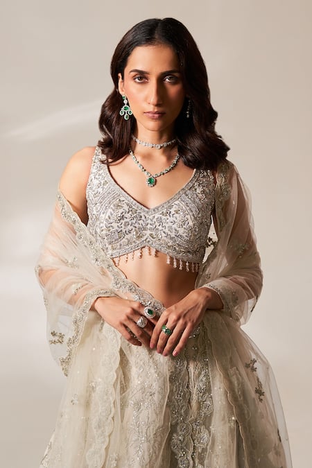 Buy_Studio Iris India_Beige Organza Sequins, Gota Patti, Crystals, Amelia Bridal Lehenga Set_Online_at_Aza_Fashions