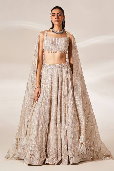 Studio Iris India White Georgette Sequins, Cut Work, Crystals, Feathers Ella Bridal Lehenga Set Online at Aza Fashions Studio Iris India_White Georgette Sequins, Cut Work, Crystals, Feathers Ella Bridal Lehenga Set_Online_at_Aza_Fashions