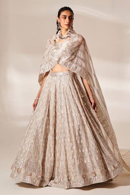 Shop Studio Iris India White Georgette Sequins, Cut Work, Crystals, Feathers Ella Bridal Lehenga Set Online at Aza Fashions Shop_Studio Iris India_White Georgette Sequins, Cut Work, Crystals, Feathers Ella Bridal Lehenga Set_Online_at_Aza_Fashions
