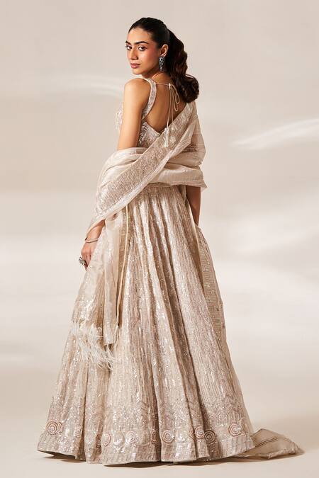 Shop Studio Iris India White Georgette Sequins, Cut Work, Crystals, Feathers Ella Bridal Lehenga Set at Aza Fashions Shop_Studio Iris India_White Georgette Sequins, Cut Work, Crystals, Feathers Ella Bridal Lehenga Set_at_Aza_Fashions