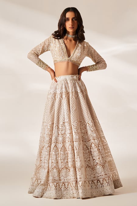 Studio Iris India_Peach Organza Embroidery, Crystals Gabrielle Chikankari Bridal Lehenga Set _Online_at_Aza_Fashions