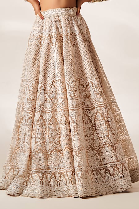Buy_Studio Iris India_Peach Organza Embroidery, Crystals Gabrielle Chikankari Bridal Lehenga Set _Online_at_Aza_Fashions