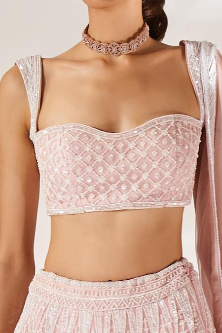 Studio Iris India_Pink Organza Beads, Embroidery Sweetheart Neck Diana Bridal Lehenga Set _Online_at_Aza_Fashions