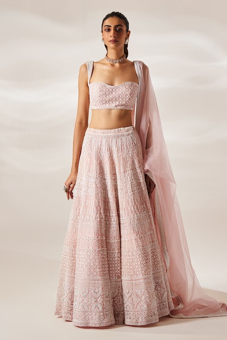 Shop_Studio Iris India_Pink Organza Beads, Embroidery Sweetheart Neck Diana Bridal Lehenga Set _Online_at_Aza_Fashions