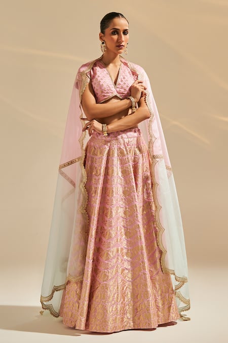 Studio Iris India_Pink Silk Embroidery Plunge Neck Carnation Floral Woven Lehenga Set _Online_at_Aza_Fashions