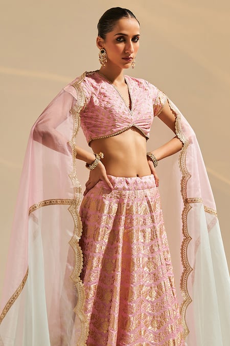 Buy_Studio Iris India_Pink Silk Embroidery Plunge Neck Carnation Floral Woven Lehenga Set _Online_at_Aza_Fashions