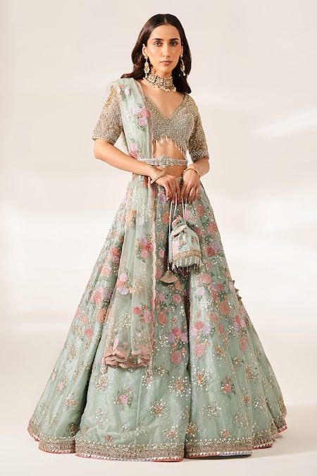 Studio Iris India Green Organza Embroidery Sequin V Juliet Floral Bridal Lehenga Set 