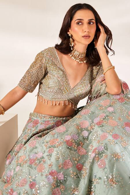 Studio Iris India_Green Organza Sequins, Embroidery V-neck Juliet Floral Bridal Lehenga Set_Online_at_Aza_Fashions